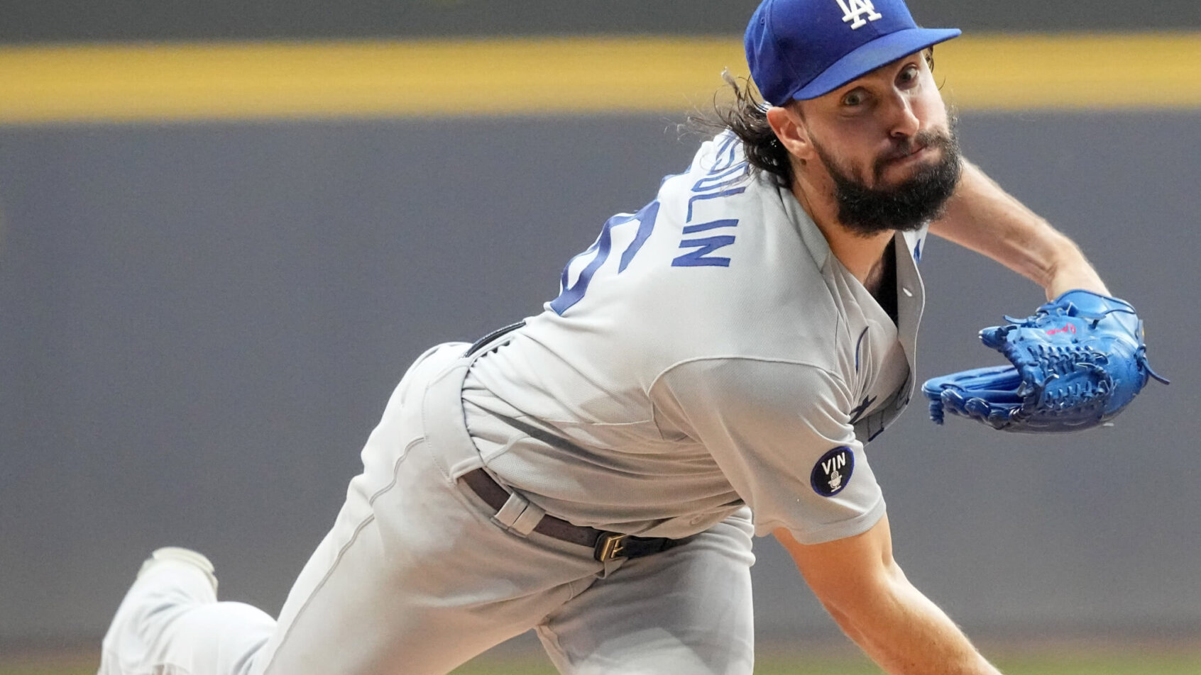 Tony Gonsolin follows through on a pitch