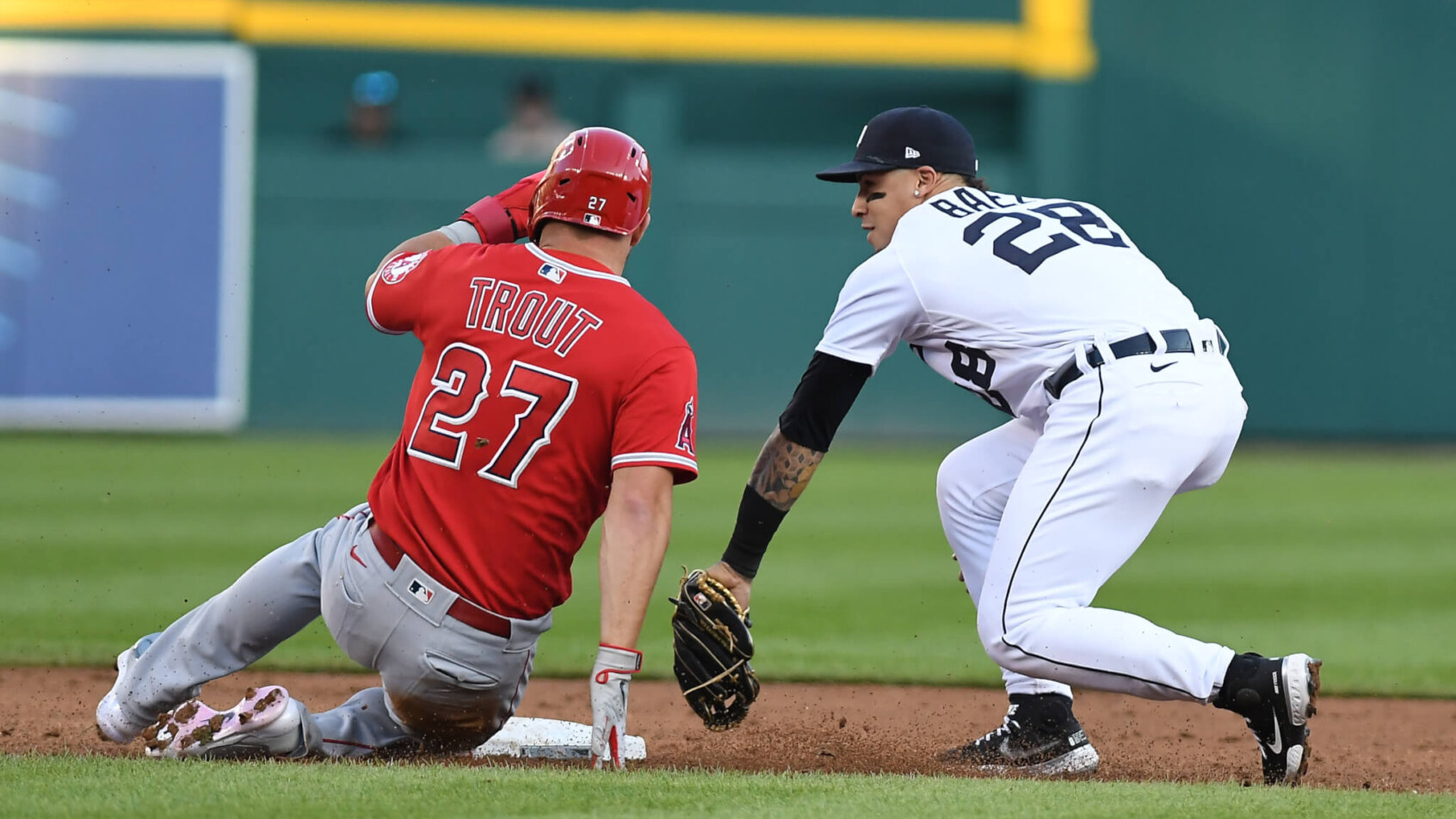 Mike Trout sliding into second base.