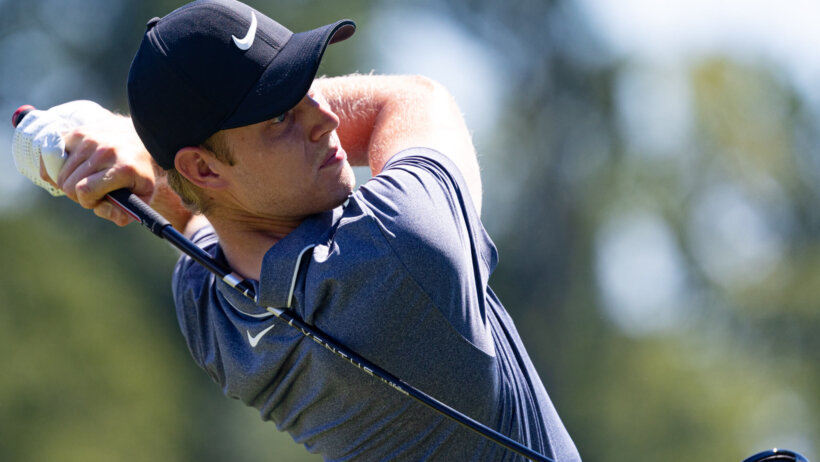 Cam Davis plays his shot from the third tee during the third round of the BMW Championship golf tournament