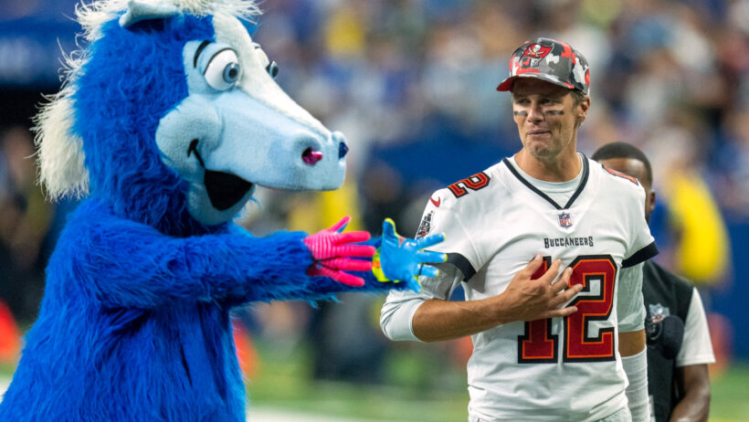Colts mascot Blue tries to swap jerseys with Tampa Bay Buccaneers quarterback Tom Brady