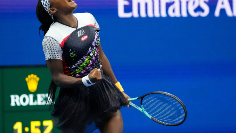 Coco Gauff celebrating on the court