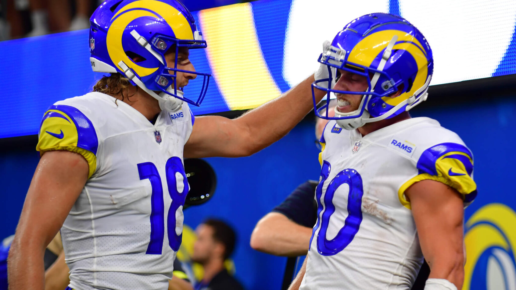 Los Angeles Rams wide receiver Ben Skowronek celebrates touchdown by wide receiver Cooper Kupp