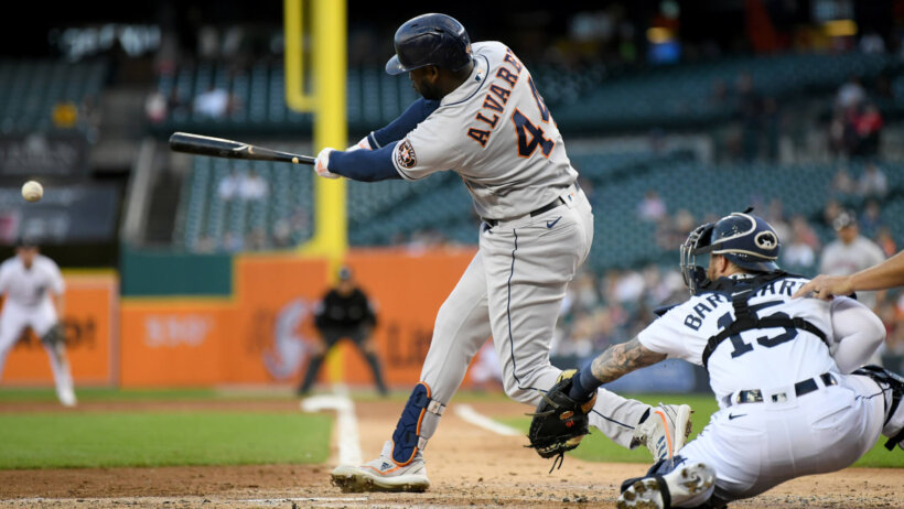 Houston Astros left fielder Yordan Alvarez hitting a double
