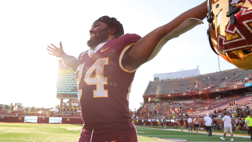 Minnesota Golden Gophers running back Mohamed Ibrahim celebrates after the game