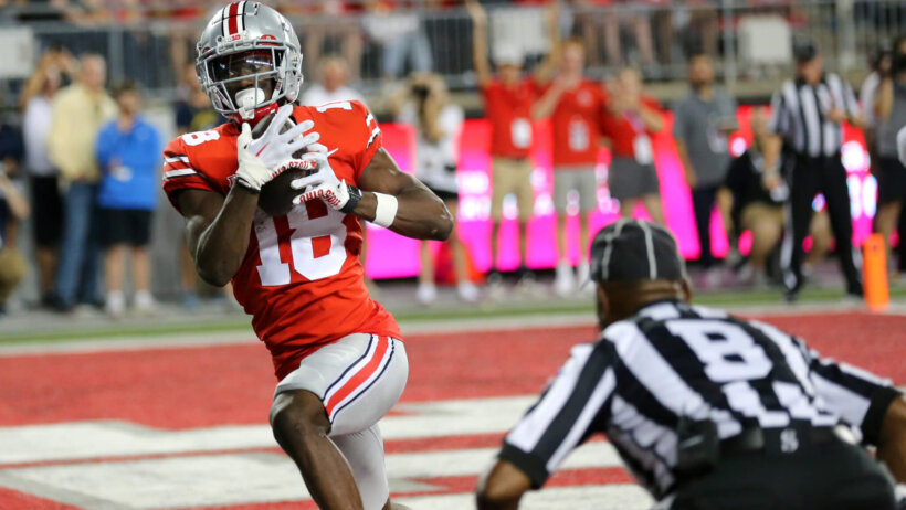 Ohio State Buckeyes wide receiver Marvin Harrison Jr making a TD catch