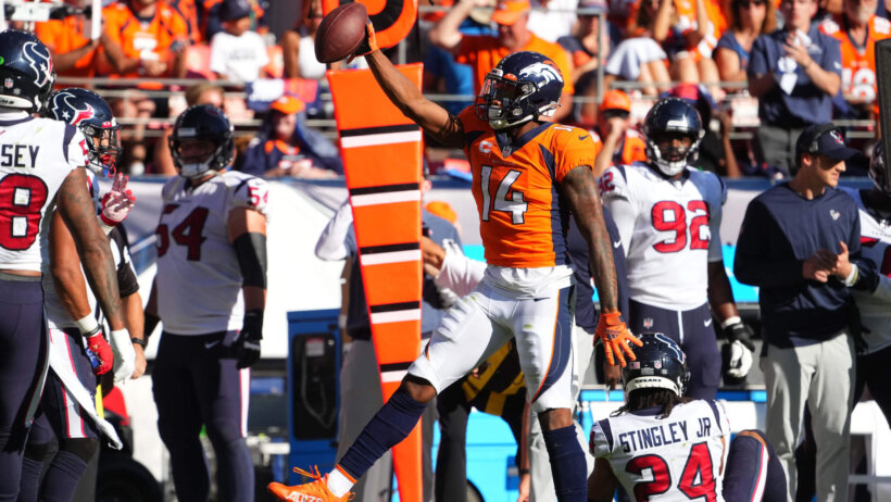 Denver Broncos wide receiver Courtland Sutton reacts to a first down