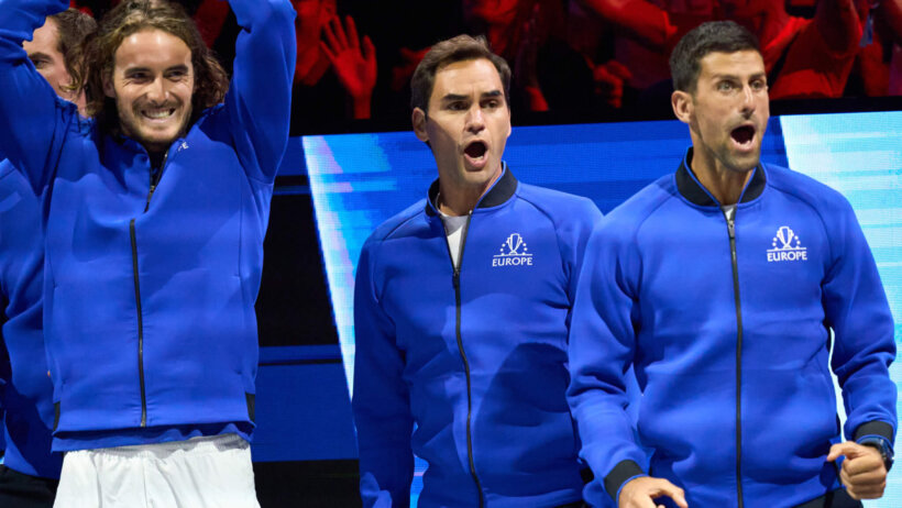 Stefanos Tsitsipas (GRE), Roger Federer (SUI) and Novak Djokovic (SRB) support Team Europe