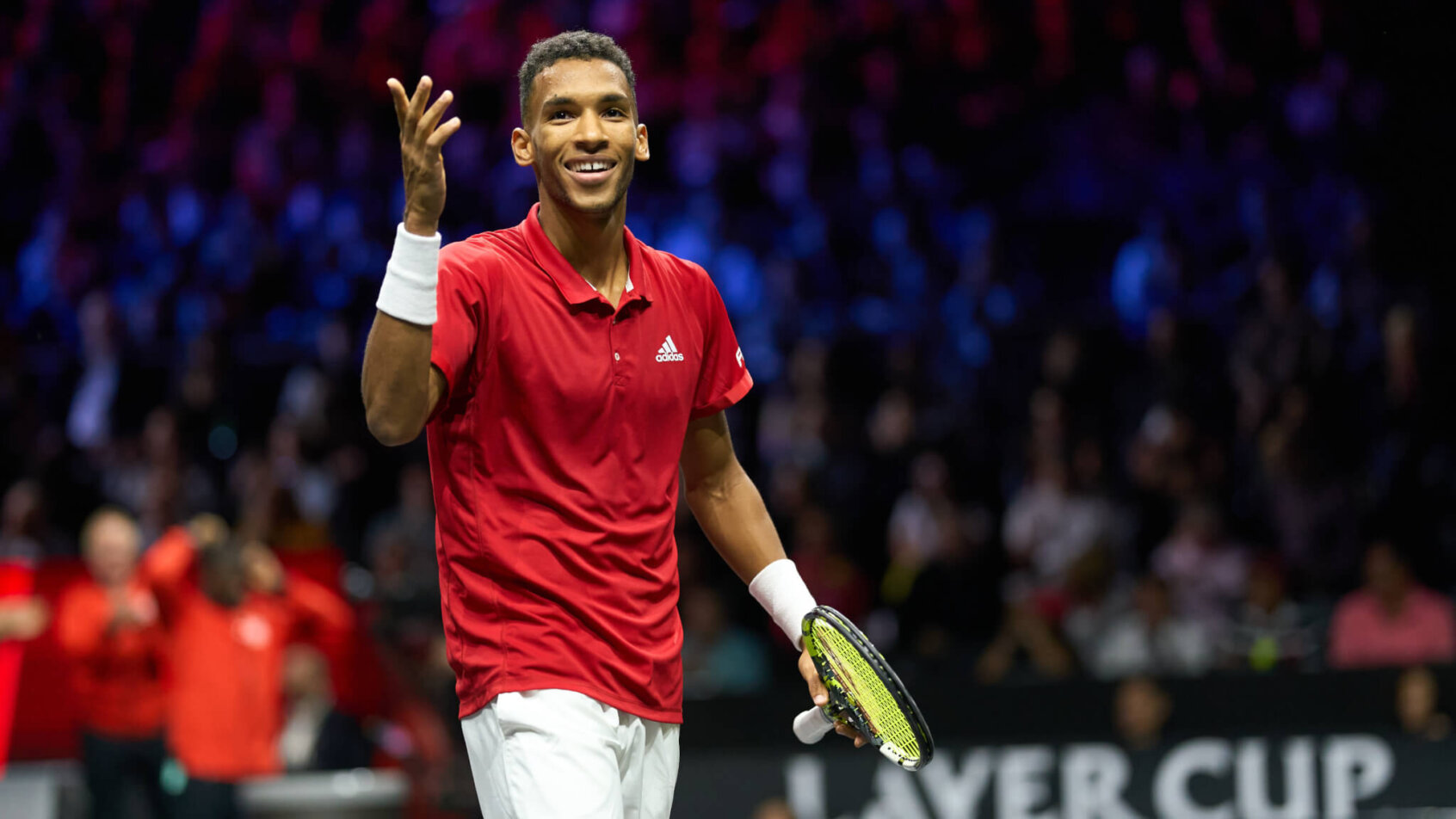 Felix Auger-Aliassime (CAN) reacts to a point against Matteo Berrettini (ITA) in a Laver Cup singles match
