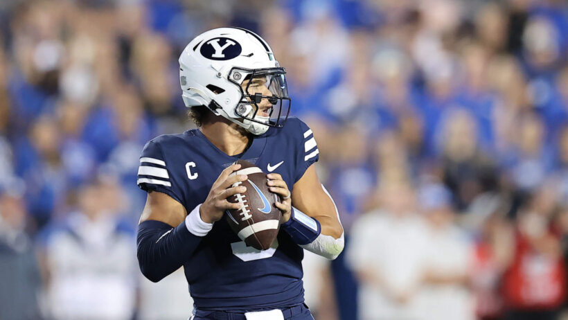 BYU Cougars quarterback Jaren Hall drops back to pass the ball