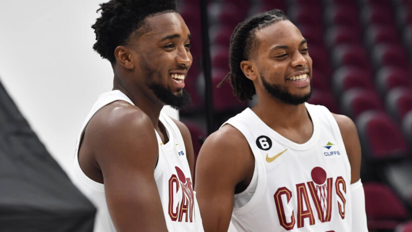 Cleveland Cavaliers guards Donovan Mitchell and Darius Garland smile for a photo