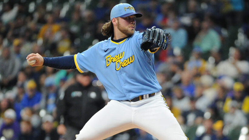 Milwaukee Brewers starting pitcher Corbin Burnes mid-delivery