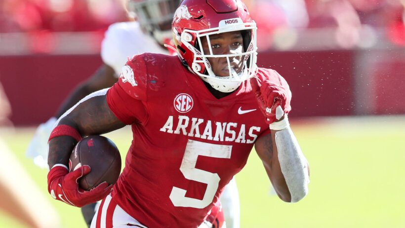 Arkansas Razorbacks running back Raheim Sanders rushes in the second quarter against the Alabama Crimson Tide