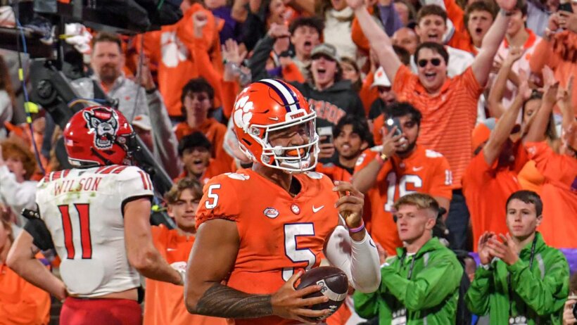 Clemson quarterback D.J. Uiagalelei celebrates scoring a nine-yard touchdown
