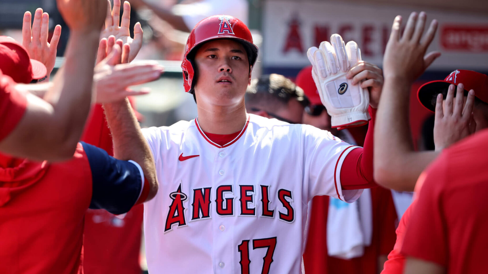 Shohei Ohtani high-fives in the dugout