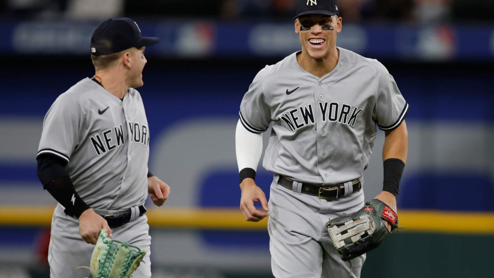 Yankees players celebrate.