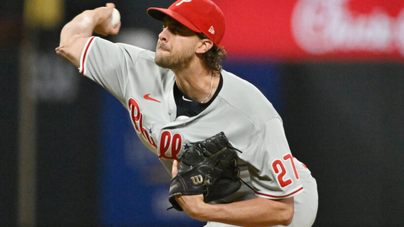 Philadelphia Phillies starting pitcher Aaron Nola throwing a pitch