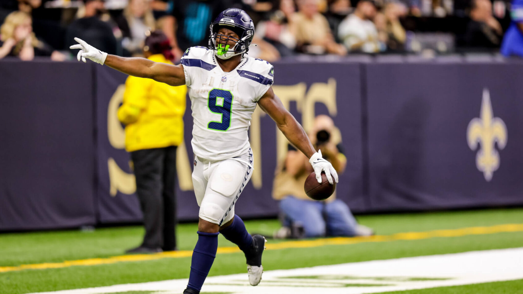 Seattle Seahawks running back Kenneth Walker III celebrates a TD