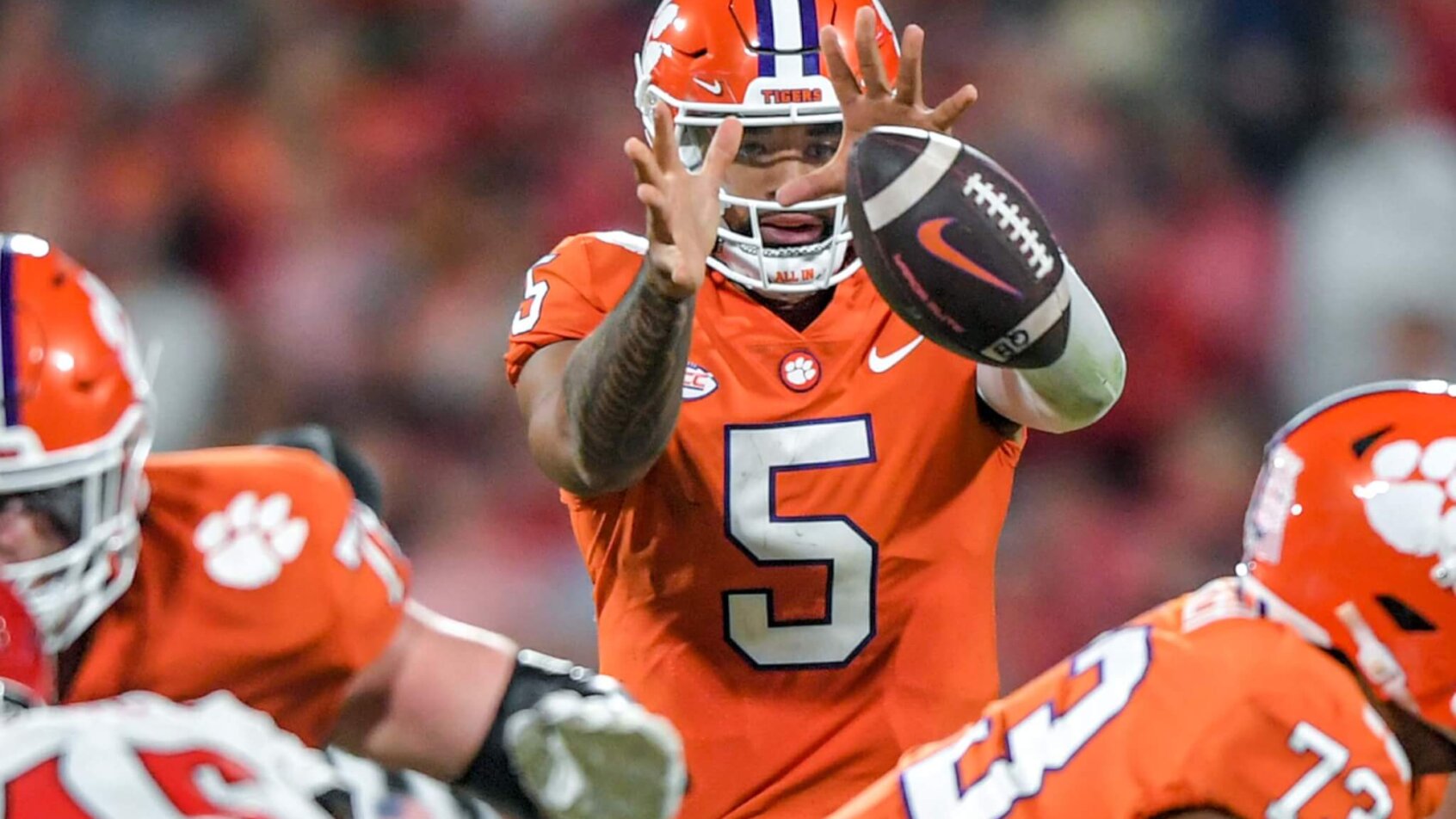 Clemson quarterback DJ Uiagalelei takes a snap
