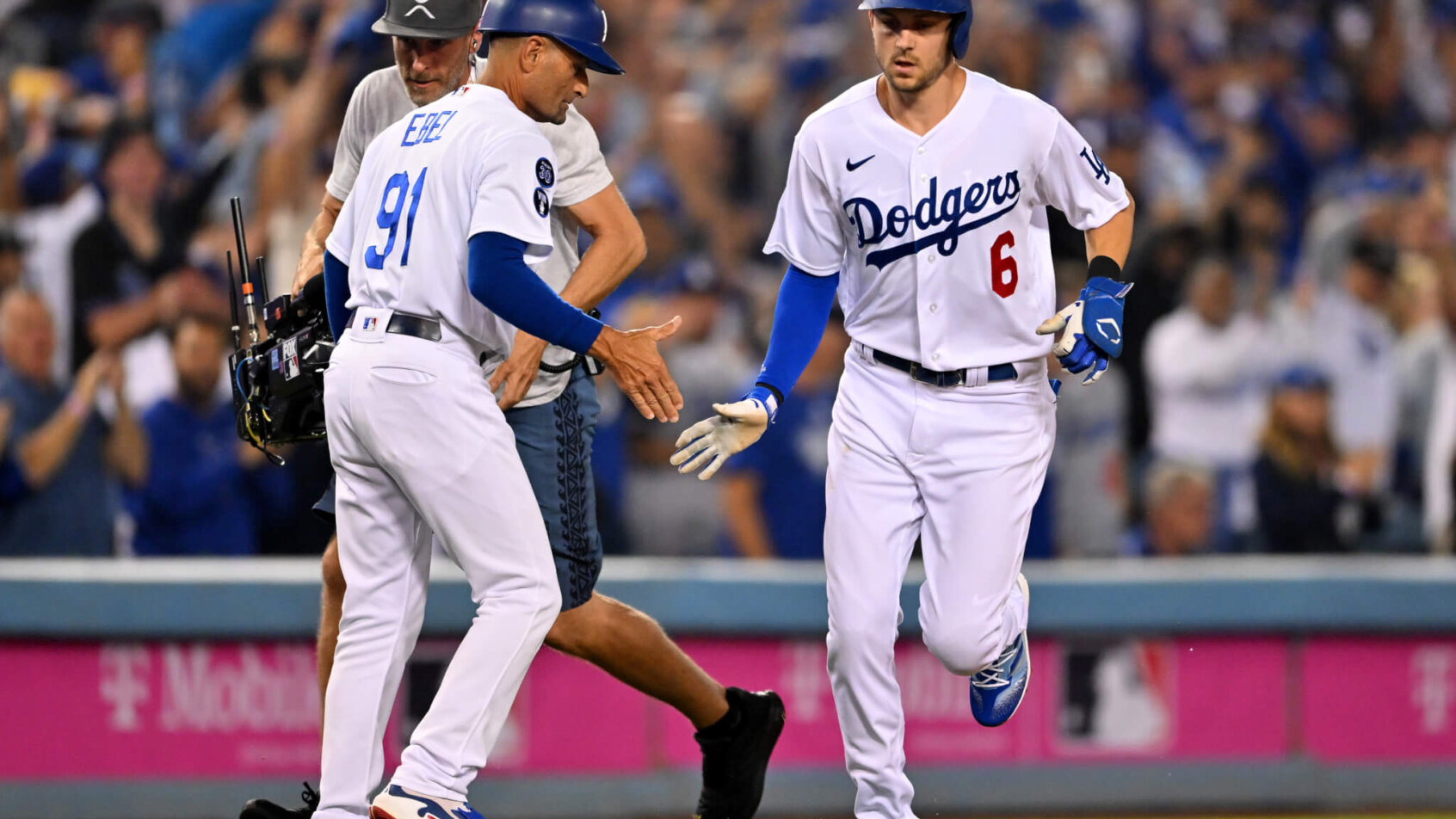 Los Angeles Dodgers shortstop Trea Turner rounds third base on his home-run trot