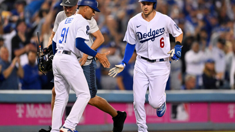 Los Angeles Dodgers shortstop Trea Turner rounds third base on his home-run trot