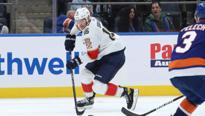 Florida Panthers center Aleksander Barkov skates with the puck