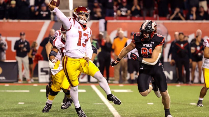USC Trojans quarterback Caleb Williams throws the ball away