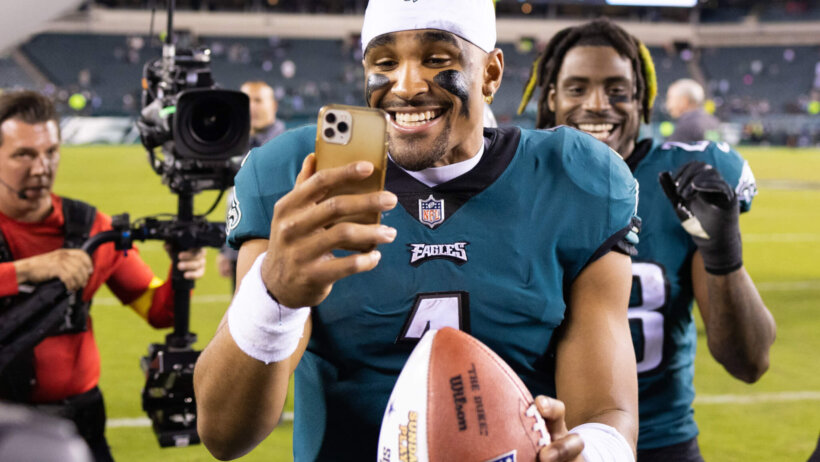 Philadelphia Eagles quarterback Jalen Hurts celebrates a win over the Dallas Cowboys