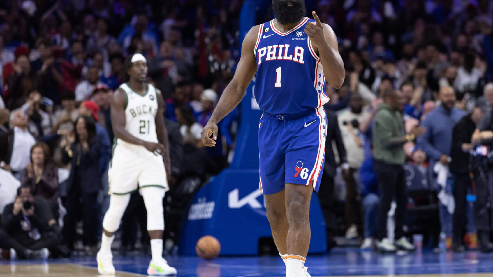 James Harden celebrates; Philadelphia 76ers