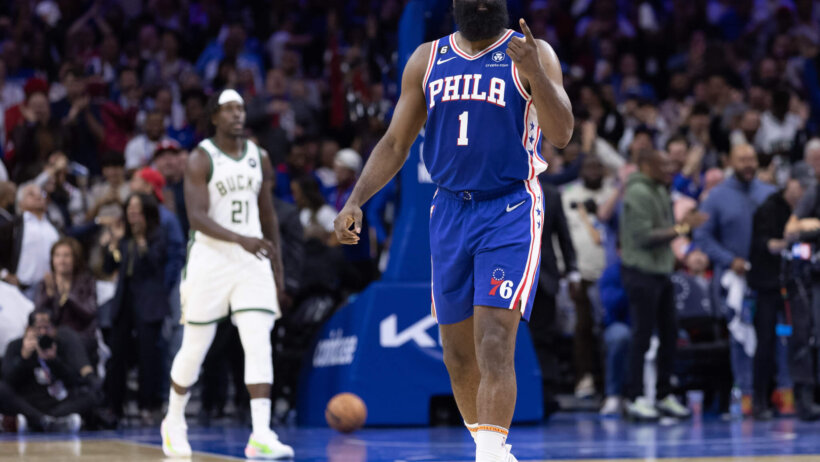 James Harden celebrates; Philadelphia 76ers