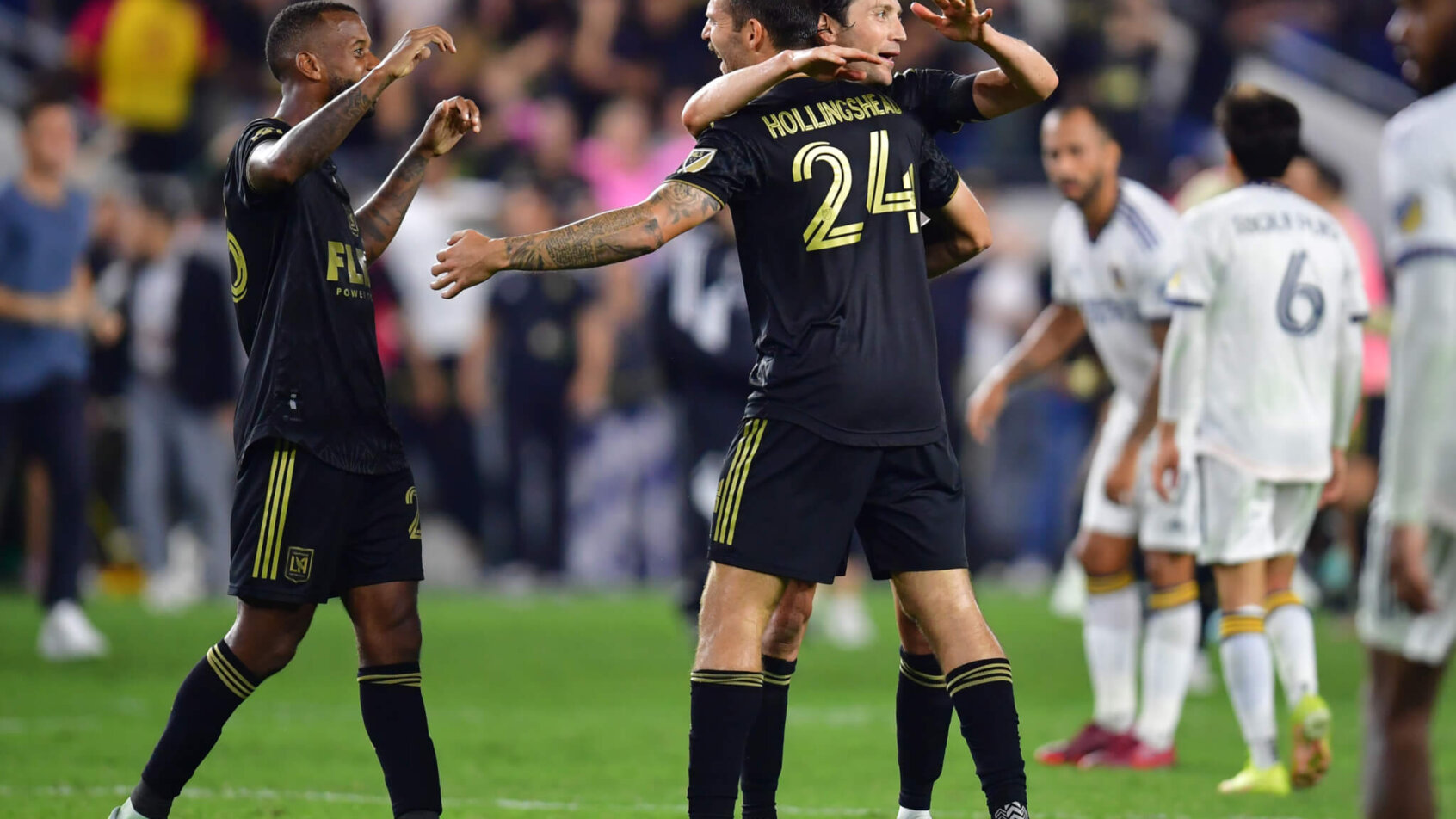 Los Angeles FC midfielder Ryan Hollingshead celebrates a 3-2 win against the Los Angeles Galaxy