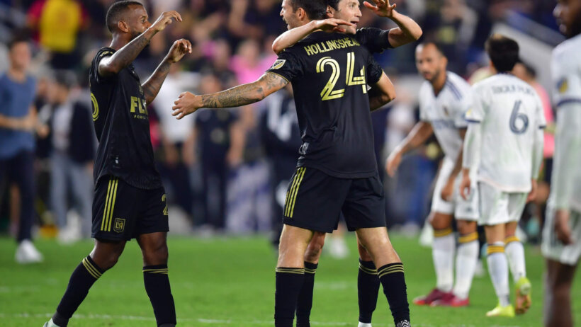 Los Angeles FC midfielder Ryan Hollingshead celebrates a 3-2 win against the Los Angeles Galaxy
