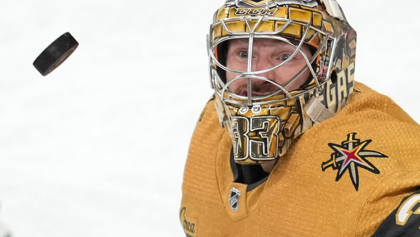 Vegas Golden Knights goaltender Adin Hill eyes a deflected shot