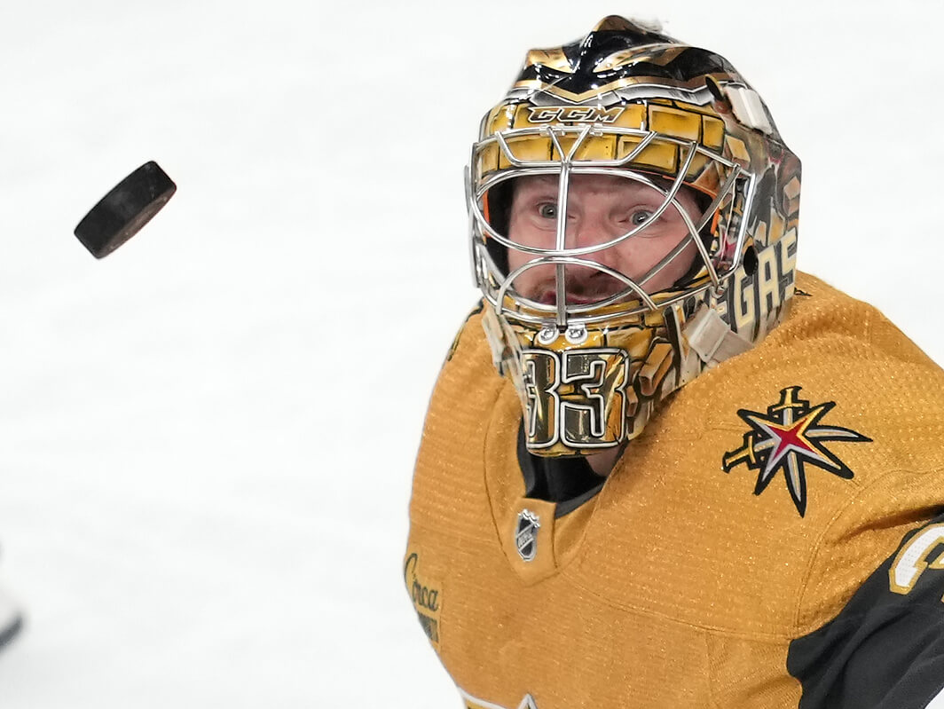 Vegas Golden Knights goaltender Adin Hill eyes a deflected shot