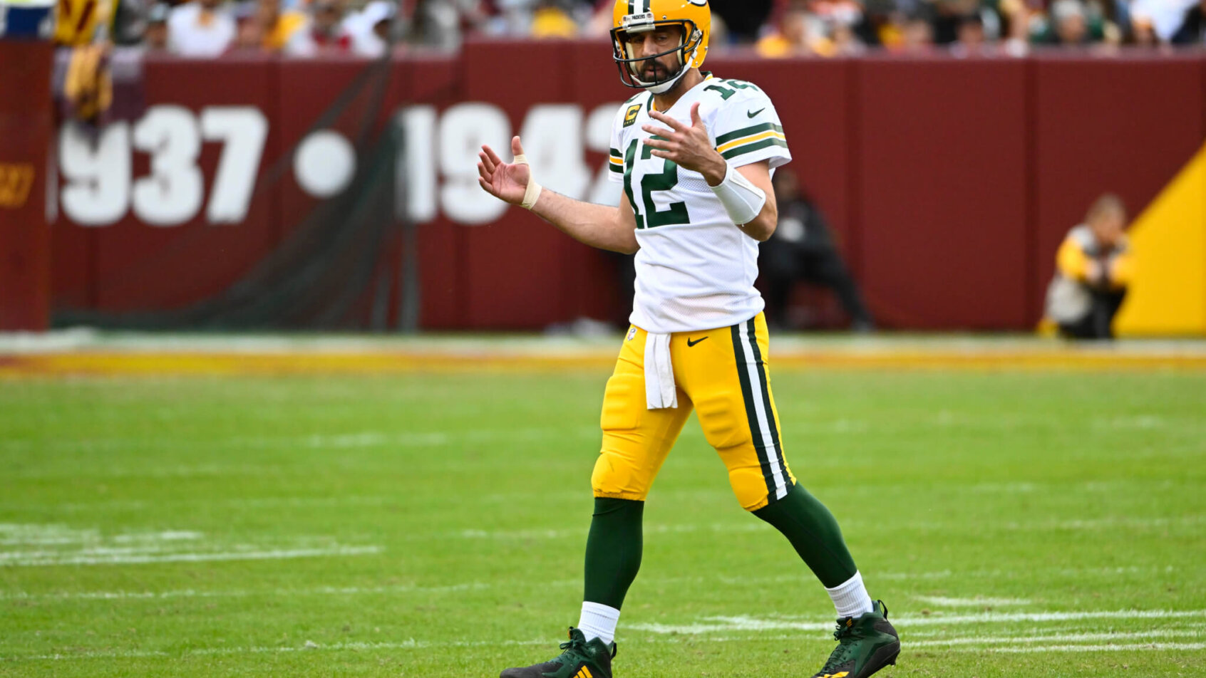 Aaron Rodgers hands up in frustration