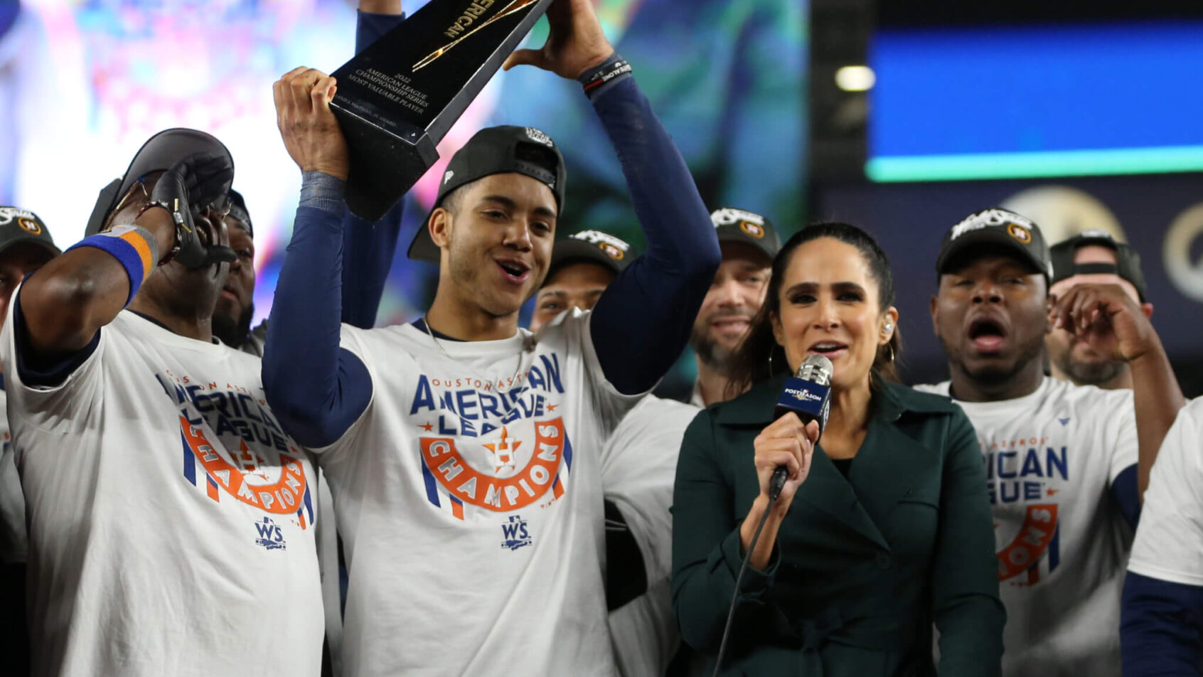 Houston Astros shortstop Jeremy Pena with ALCS MVP award