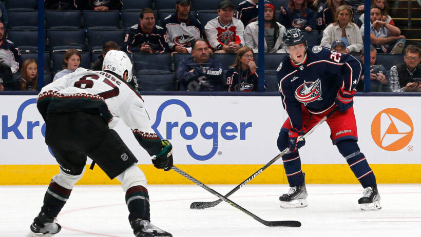 Columbus Blue Jackets right wing Patrik Laine takes a shot on goal