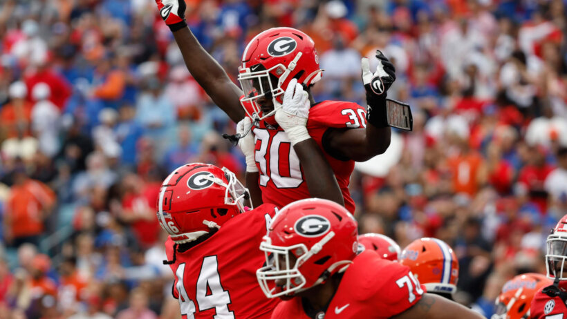 Georgia Bulldogs running back Daijun Edwards celebrates a TD versus Florida