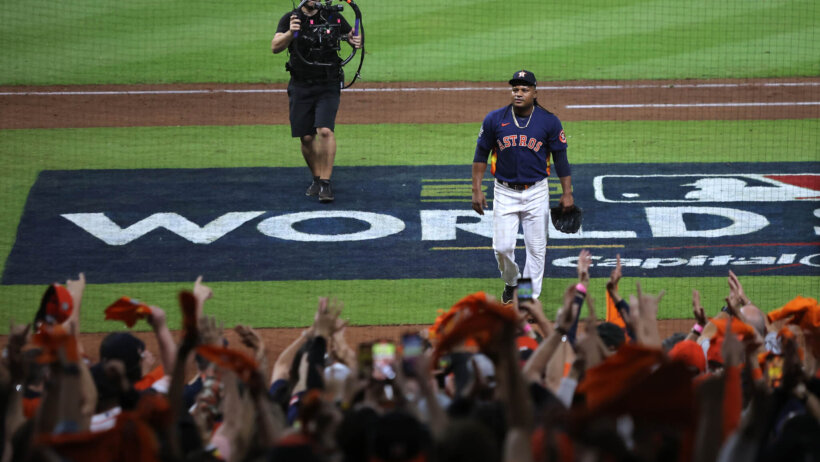 Houston Astros starting pitcher Framber Valdez walks to the dugout