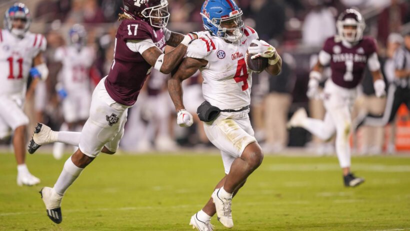 Ole Miss Rebels running back Quinshon Judkins runs the ball