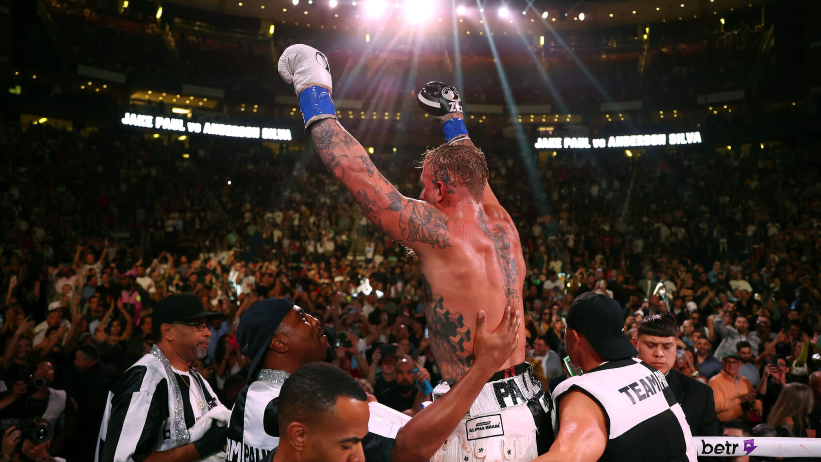 Jake Paul celebrates after his most recent fight