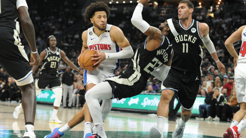 Detroit Pistons guard Cade Cunningham driving to the basket