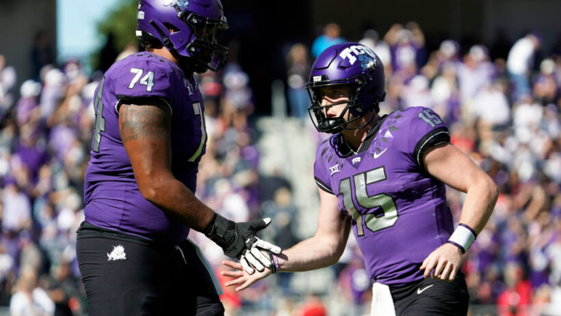 TCU Horned Frogs quarterback Max Duggan celebrates a touchdown pass