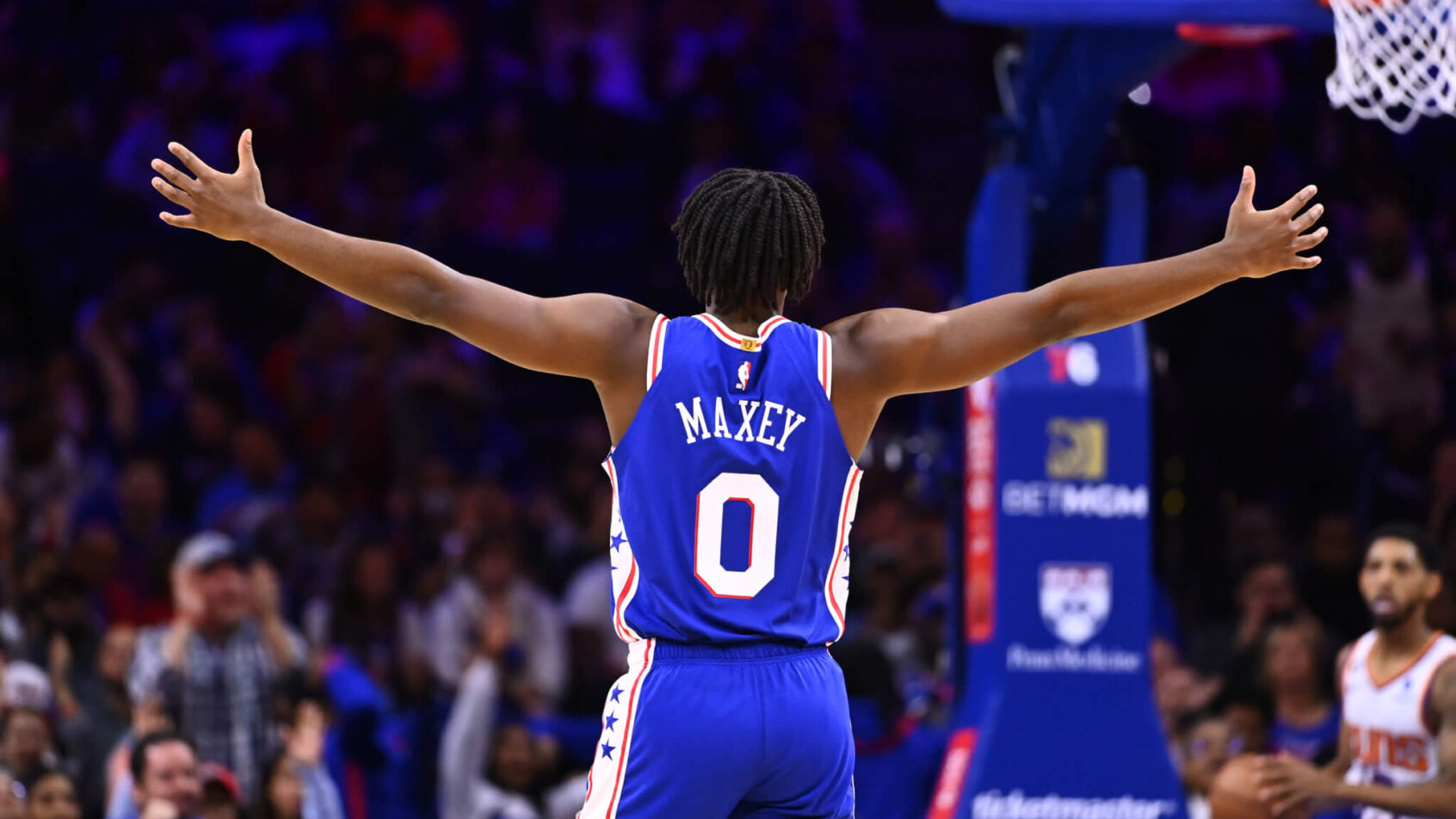 Philadelphia 76ers guard Tyrese Maxey celebrates a basket