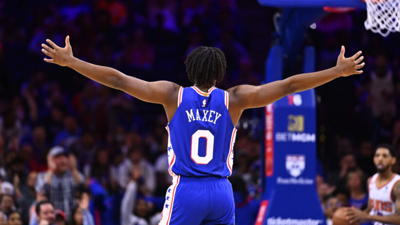Philadelphia 76ers guard Tyrese Maxey celebrates a basket