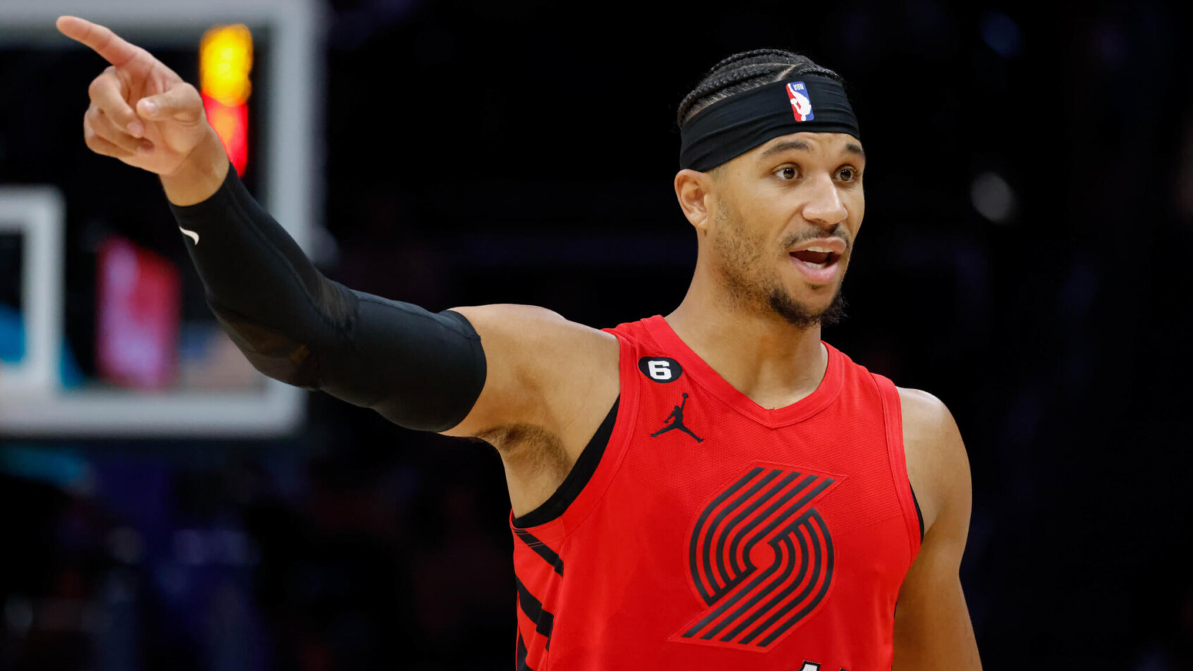 Portland Trail Blazers guard Josh Hart pointing