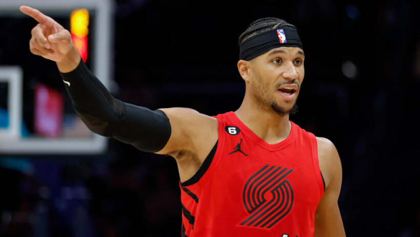Portland Trail Blazers guard Josh Hart pointing