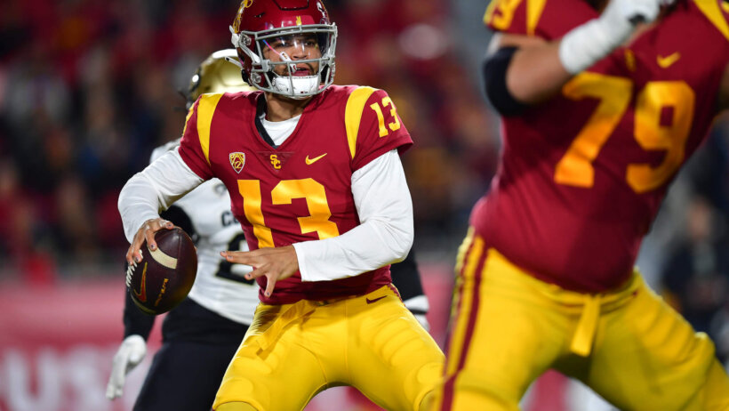 Southern California Trojans quarterback Caleb Williams gets ready to throw a pass