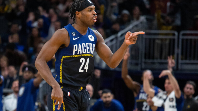 Indiana Pacers guard Buddy Hield celebrates a basket