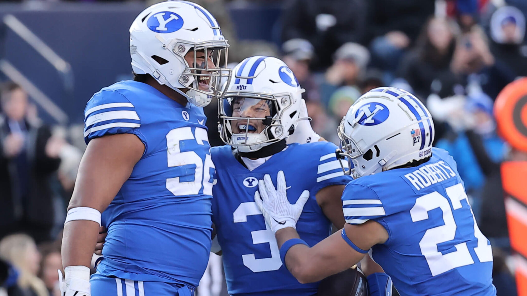 BYU Cougars quarterback Jaren Hall celebrates a touchdown