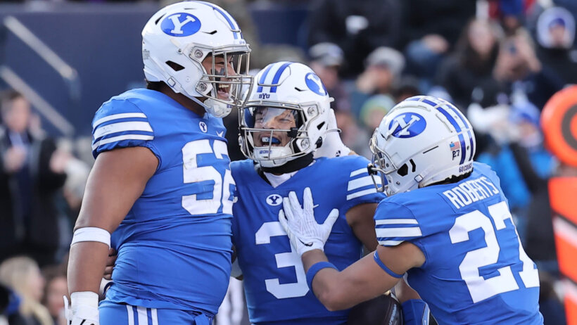 BYU Cougars quarterback Jaren Hall celebrates a touchdown